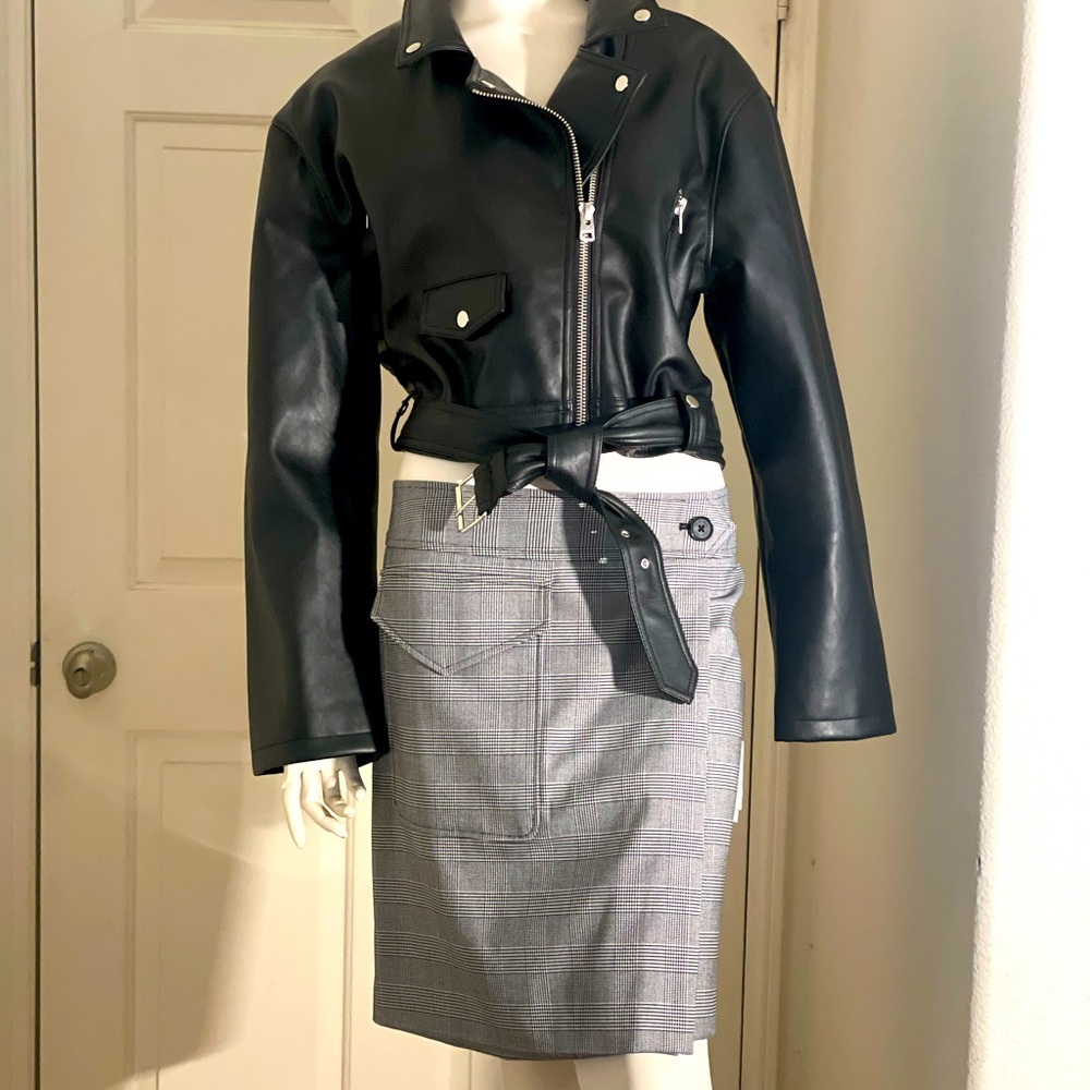 Topshop Moto Leather Jacket, paired with with a Calvin Klein Straight Skirt.